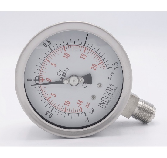 Stainless steel pressure gauges - the bottom (radial) connection, dial 100 mm | -1/ 1.5 bar (1/2")