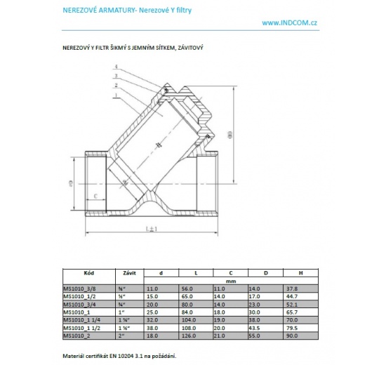 Stainless steel Y filter slant with stainless sifter, threaded