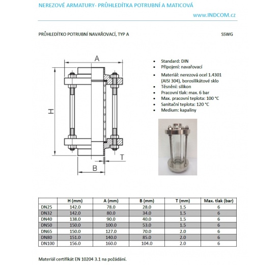 Straight sight glass, welded S-S, type A