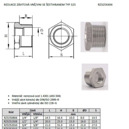 Threaded Reducer M/F / with Hexagon / type 325, 1/4"x1/8"- data sheet