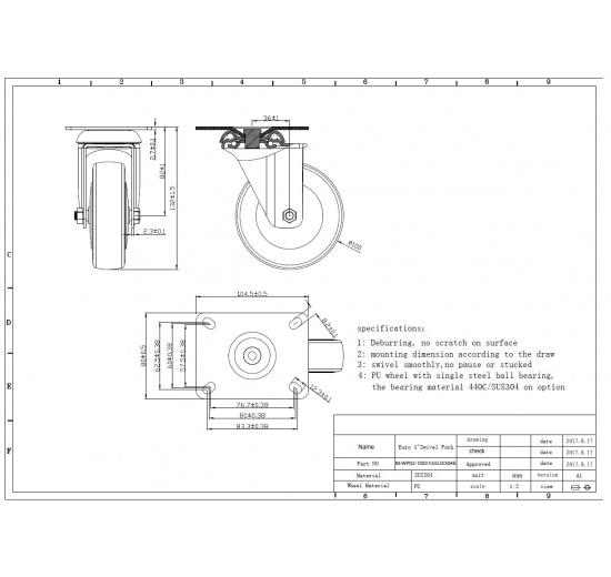Transport casters, swivel, stainless steel, diameter 100mm