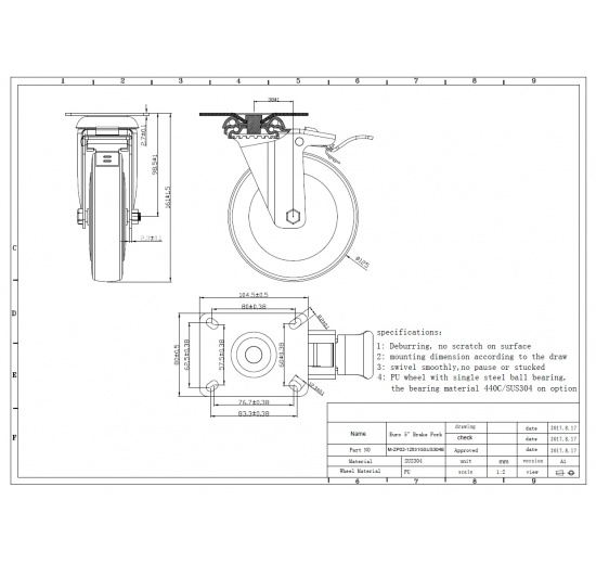 transport casters, swivel, stainless steel, diameter 125mm