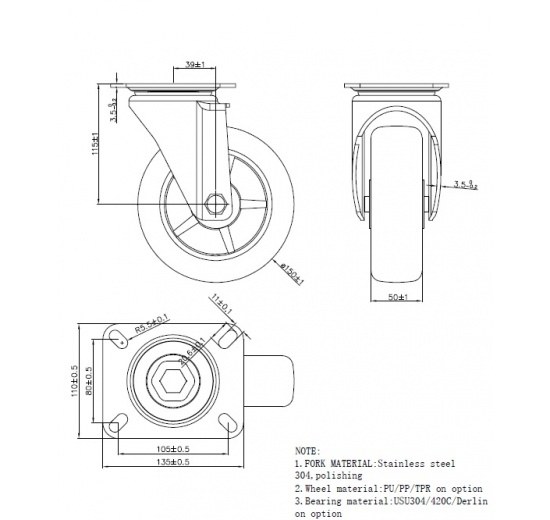 Transport casters, swivel, stainless steel, diameter 150 mm, loading capacity 150 kg