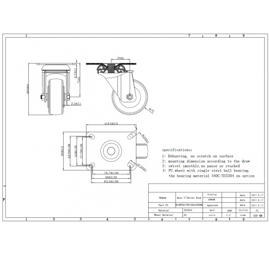 Transport Casters, swivel, stainless steel, diameter 75 mm