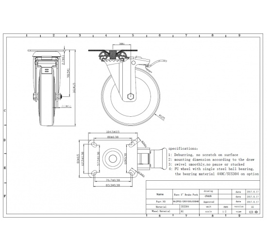 Transport Casters, swivel, with brake, stainless steel, diameter 125 mm