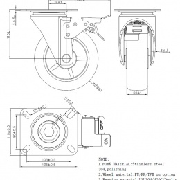 Transport casters, swivel, with brake, stainless steel, diameter 150 mm