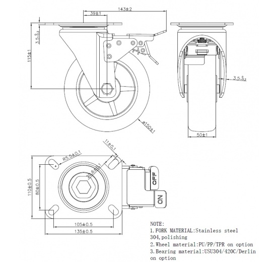 Transport casters, swivel, with brake, stainless steel, diameter 150 mm