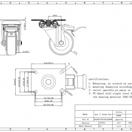 Transport casters, swivel, with brake, stainless steel, diameter 75 mm