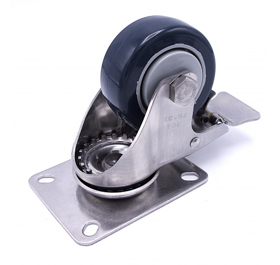 Transport casters, swivel, with brake, stainless steel, diameter 75 mm