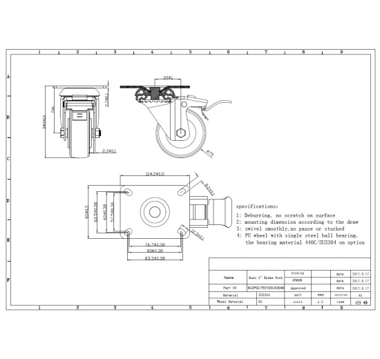 Transport casters, swivel, with brake, stainless steel, diameter 75 mm