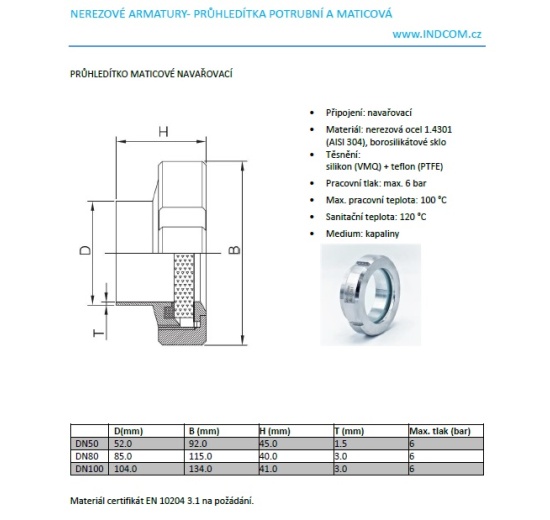 Union sight glass, welded, DIN standard - data sheet