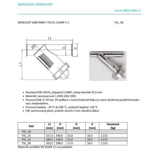 Y-filter, sanitary, stainless steel - data sheet